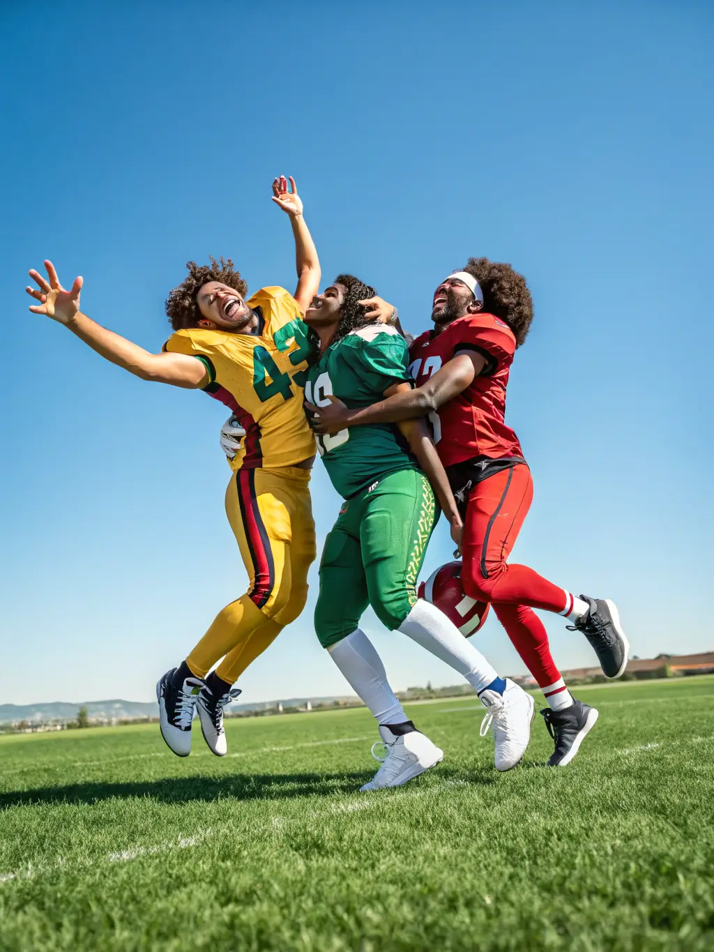 A team of young football players celebrating a goal, emphasizing the importance of teamwork and camaraderie fostered by ASSOCIATION SPORTIVE DE BRIE.