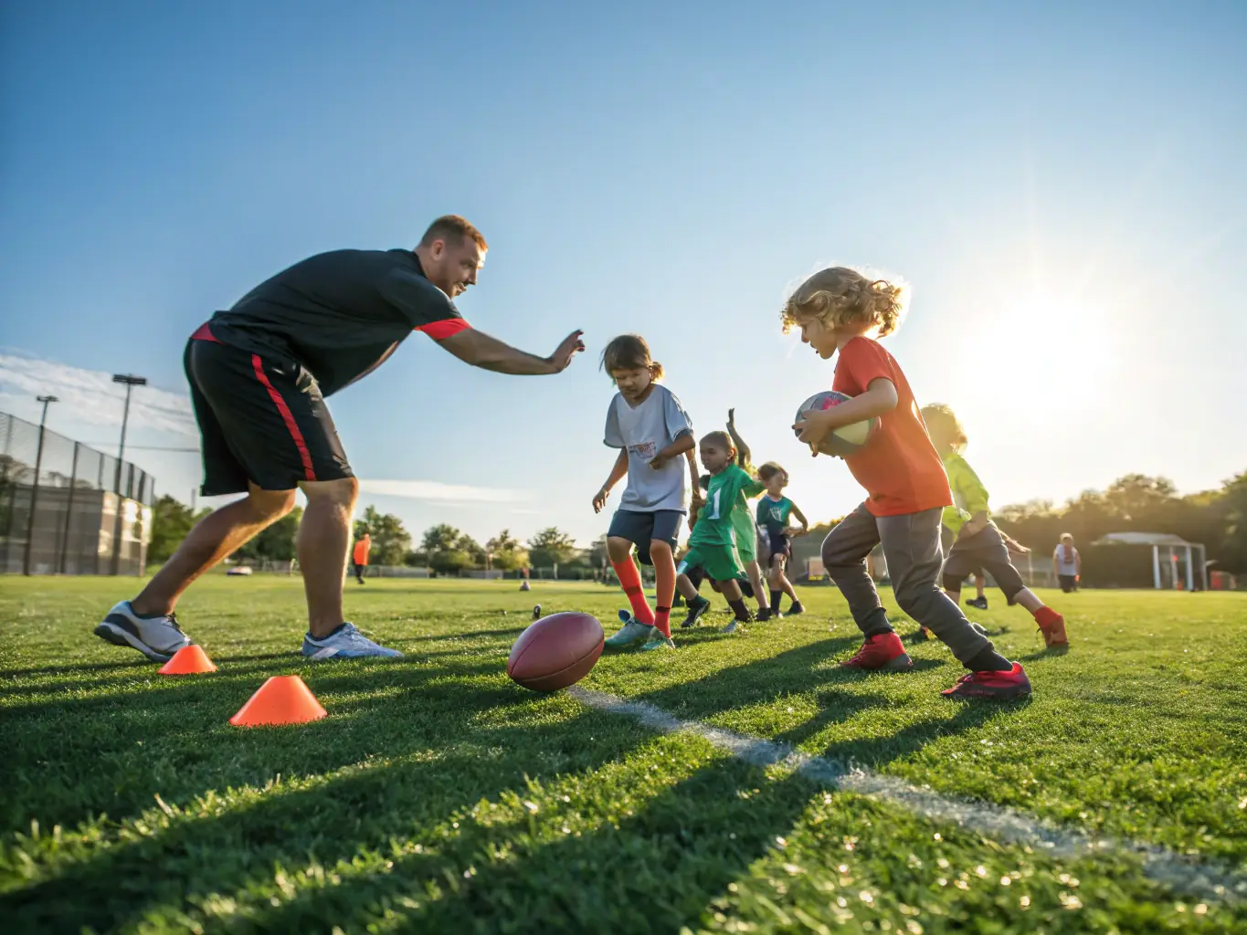 A dynamic image of a football training session, highlighting the energy and skill development of the participants.