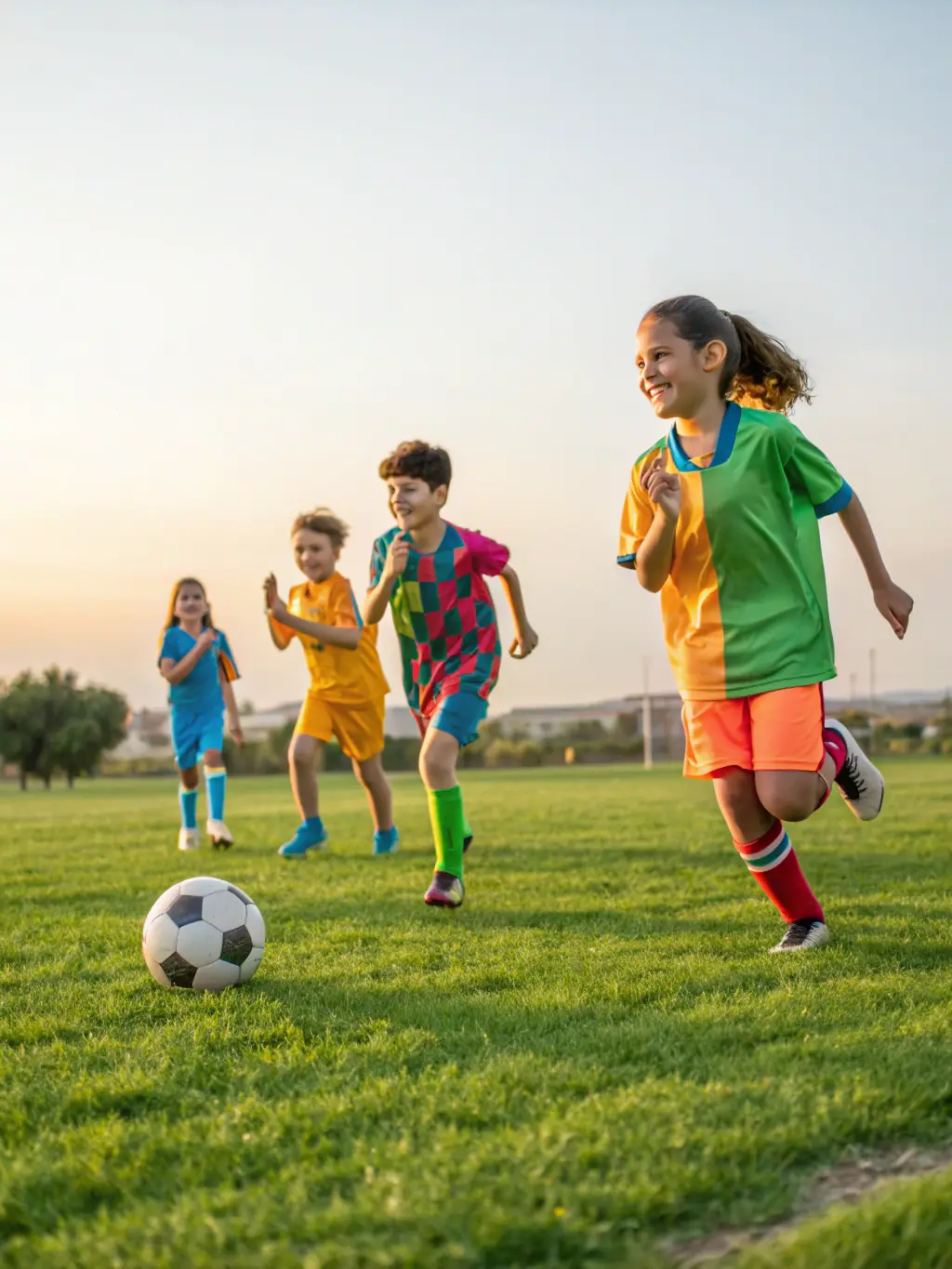 A group of diverse children laughing and playing football together in a sunny field, representing the joy and inclusivity of ASSOCIATION SPORTIVE DE BRIE's programs.