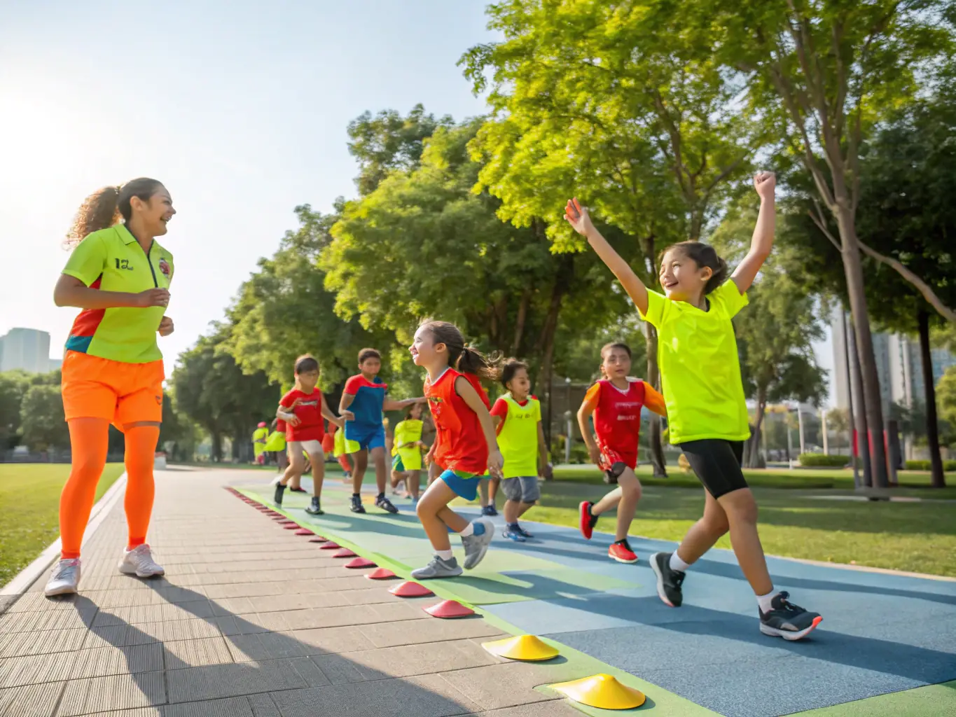 A vibrant image of children participating in a physical education class, showcasing inclusivity and teamwork.