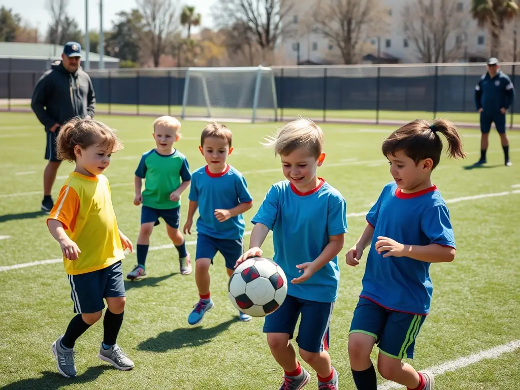 A vibrant image depicting children participating in a football training session, showcasing teamwork and active engagement under the guidance of a coach, set against the backdrop of a sunny day in Brie.
