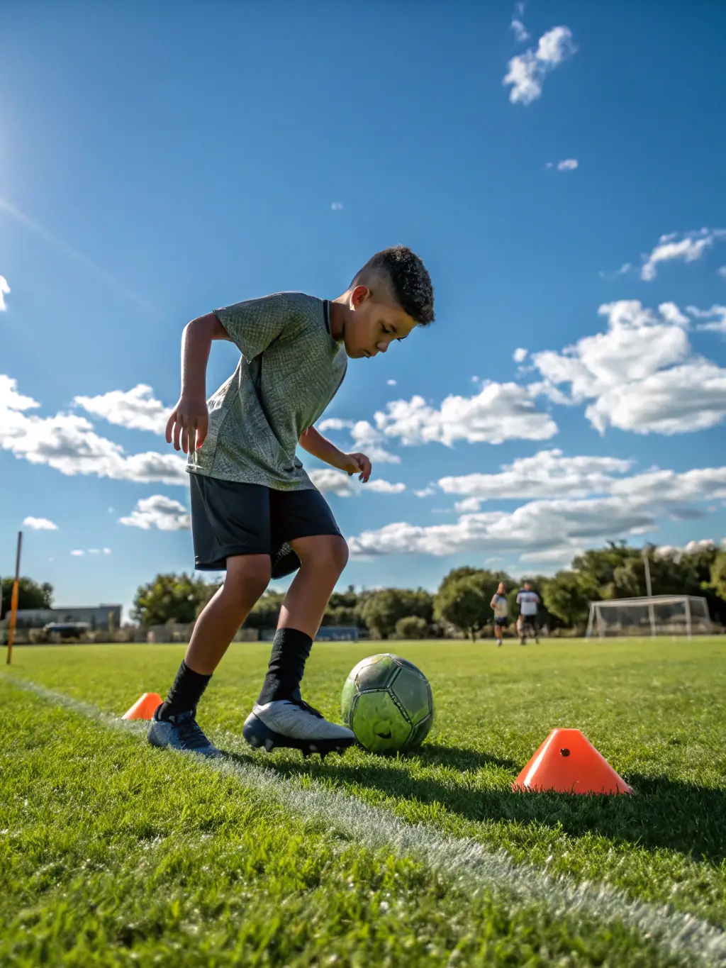 A child successfully kicking a football during a training session, showcasing the development of skills and confidence through ASSOCIATION SPORTIVE DE BRIE.